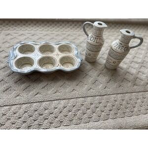Temptations by Tara Old World‎ Ceramic 6 Muffin/ Cupcake Pan & Oil & Vinegar Set